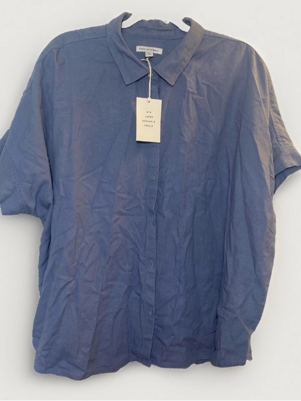 Free Assembly 2xl Top Shirt Blue Button Linen Blend Relaxed Short Sleeve Collar